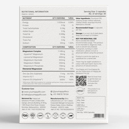 YourHappyLife Magnesium 5X Pro - 60 Capsules | Advanced Time-Release Magnesium Supplement with 5 Forms of Magnesium with Vitamin D3, K2 & Zinc for Sleep, Recovery & Stress Relief Pack of 1