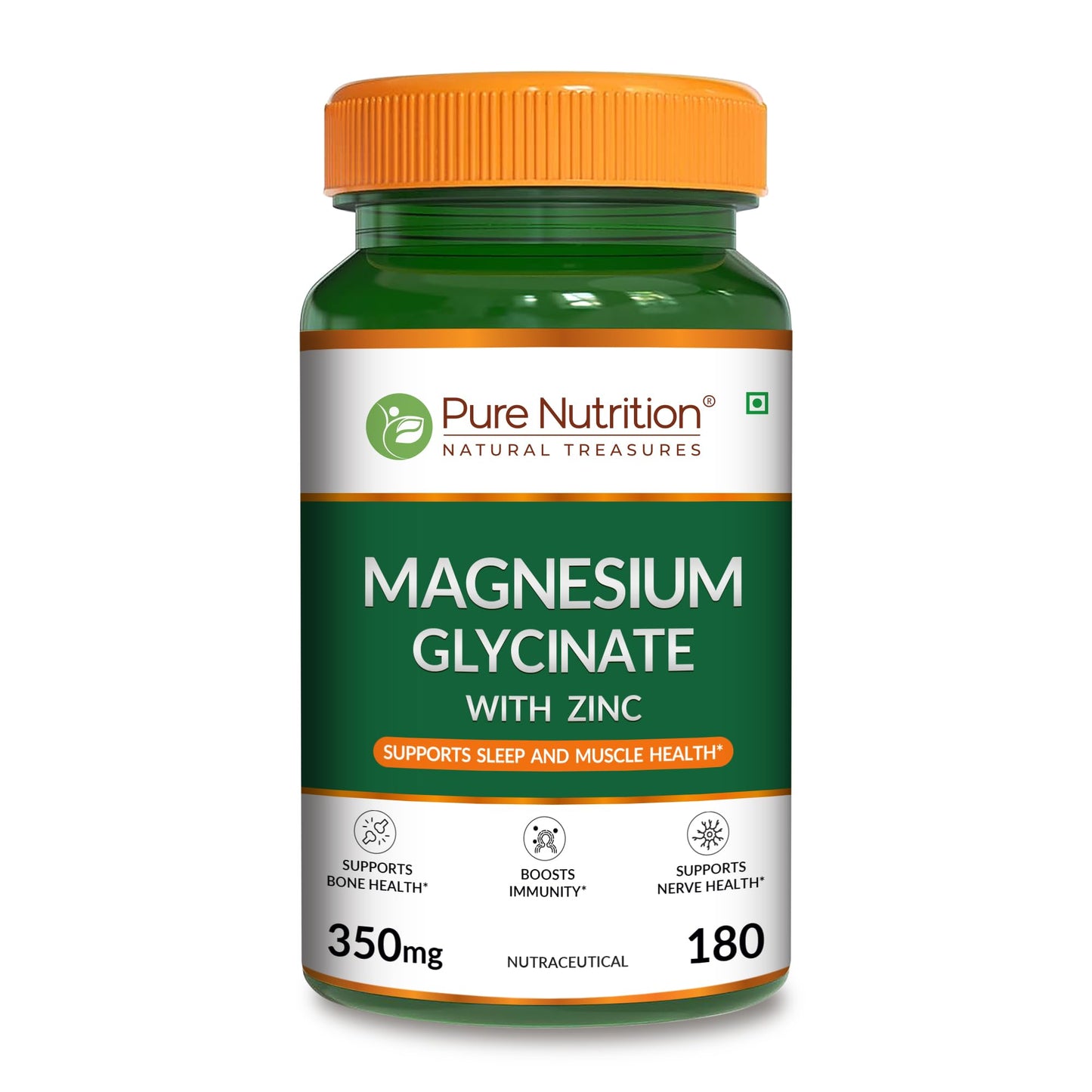 Pure Nutrition Magnesium Glycinate with Zinc Supplement 350 mg - 180 Tablets | High Absorption Magnesium Supplement for Bone, Muscle & Nerve Vitality | Supports Calm, Sleep Quality & Cramp Relief