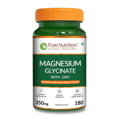 Pure Nutrition Magnesium Glycinate with Zinc Supplement 350 mg - 180 Tablets | High Absorption Magnesium Supplement for Bone, Muscle & Nerve Vitality | Supports Calm, Sleep Quality & Cramp Relief