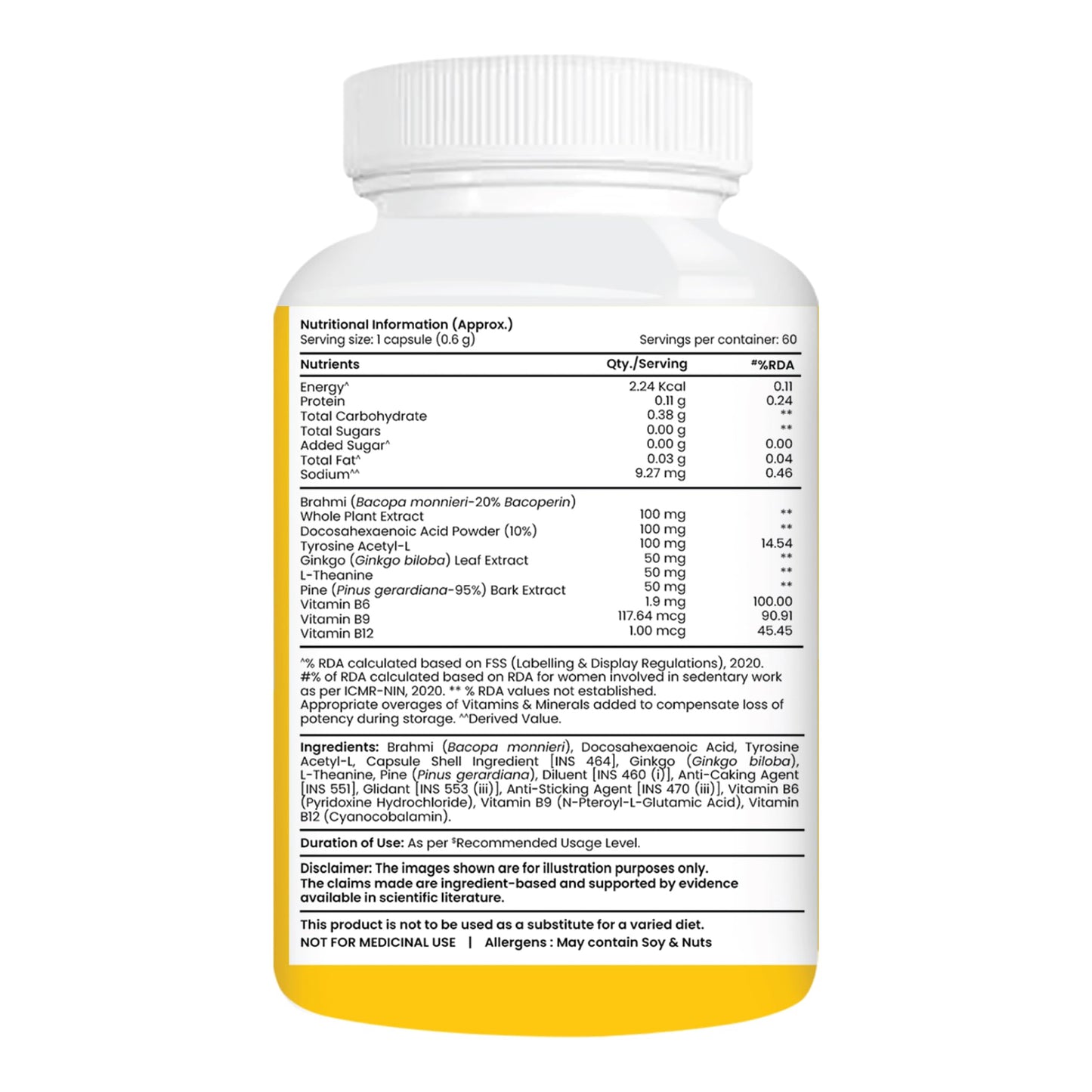 1MG Tata Brain Formula With Vitamin B Complex, L-Tyrosine, L-Theanine, Brahmi, Ginkgo And Pine Bark Extract Capsule Helps In Improving Memory And Concentration For Unisex (Pack Of 60 Capsules)