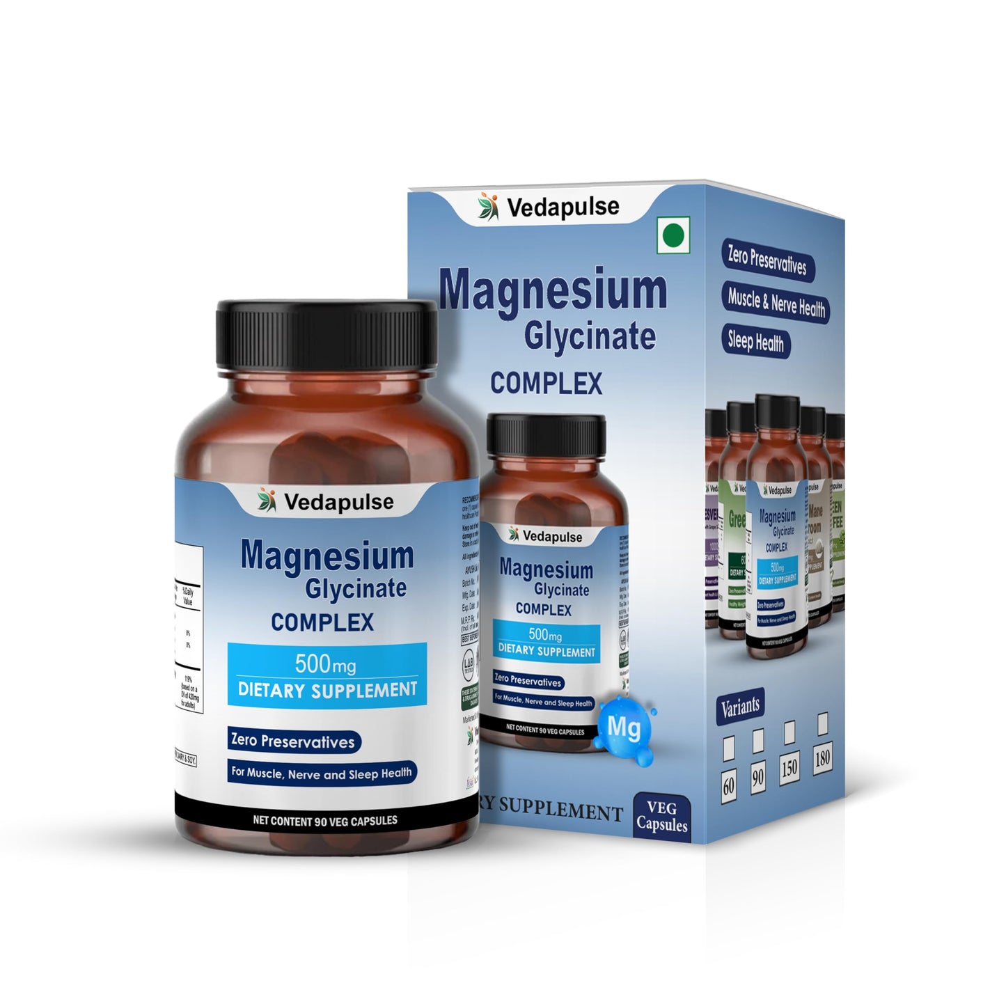 Vedapulse Magnesium 500mg – 90 Veg Capsules | Magnesium Glycinate, Malate, Taurate, Citrate & Aspartate | Dietary Supplement for Muscle, Nerve & Sleep Health
