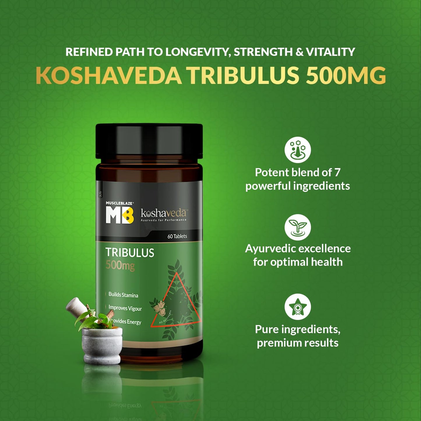 MuscleBlaze Koshaveda Tribulus 500mg (60 Tablets) | Ayurveda for Perfor- image 2