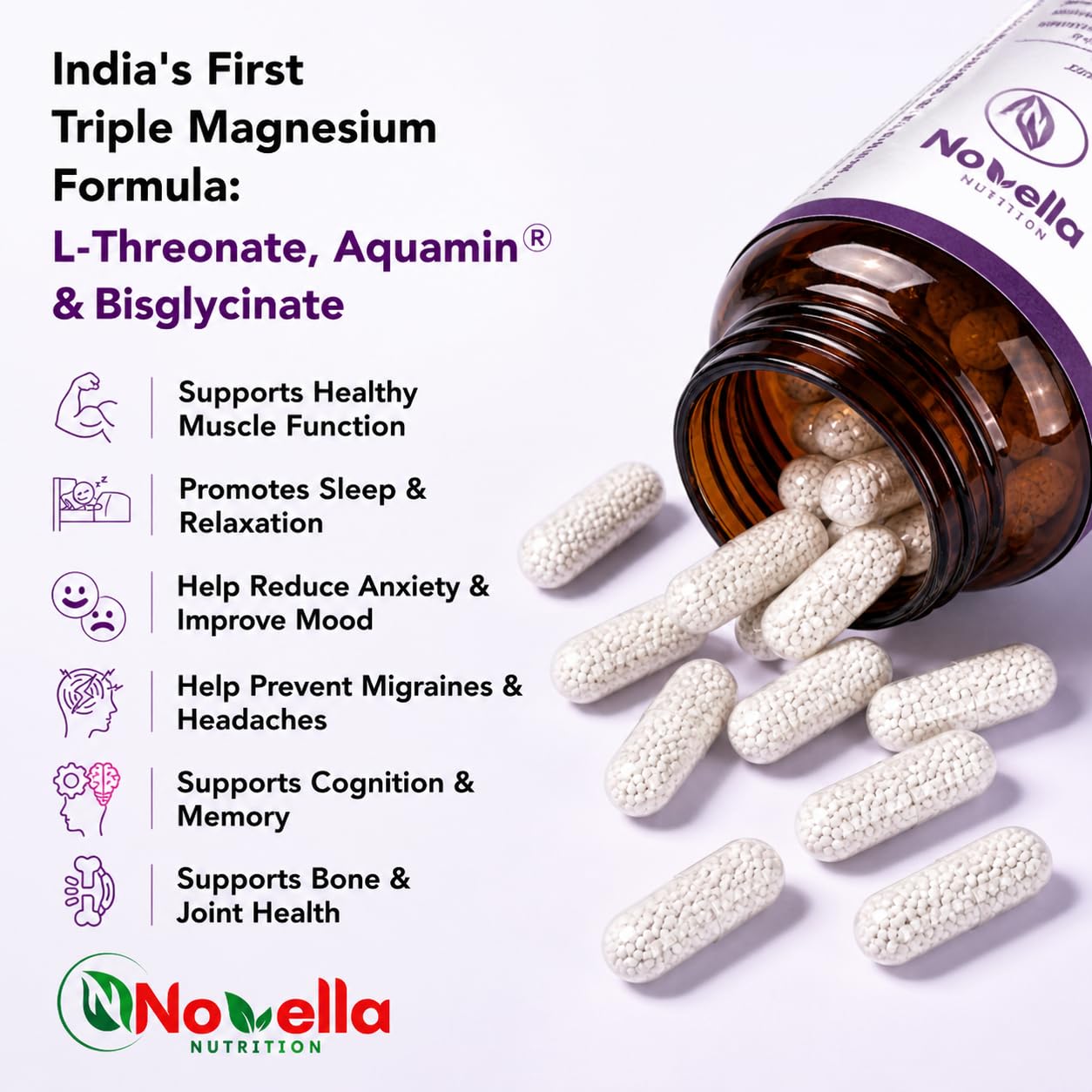 Novella Magnesium Complex – Triple Magnesium Formula with glycinate,Citrate & L-Threonate, Supports Muscles Recovery & Cramp,Better Sleep & Bone Strength – 60 Veg Capsules