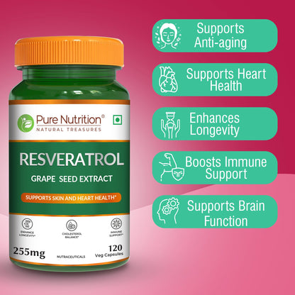 Pure Nutrition Resveratrol 255mg - 120 Veg Capsules | Powerful Antioxidant for Anti-Aging, Heart Health & Immunity | With Grape Seed Extract for Skin Radiance, Cellular Health & Healthy Aging | Supports Joint & Brain Function