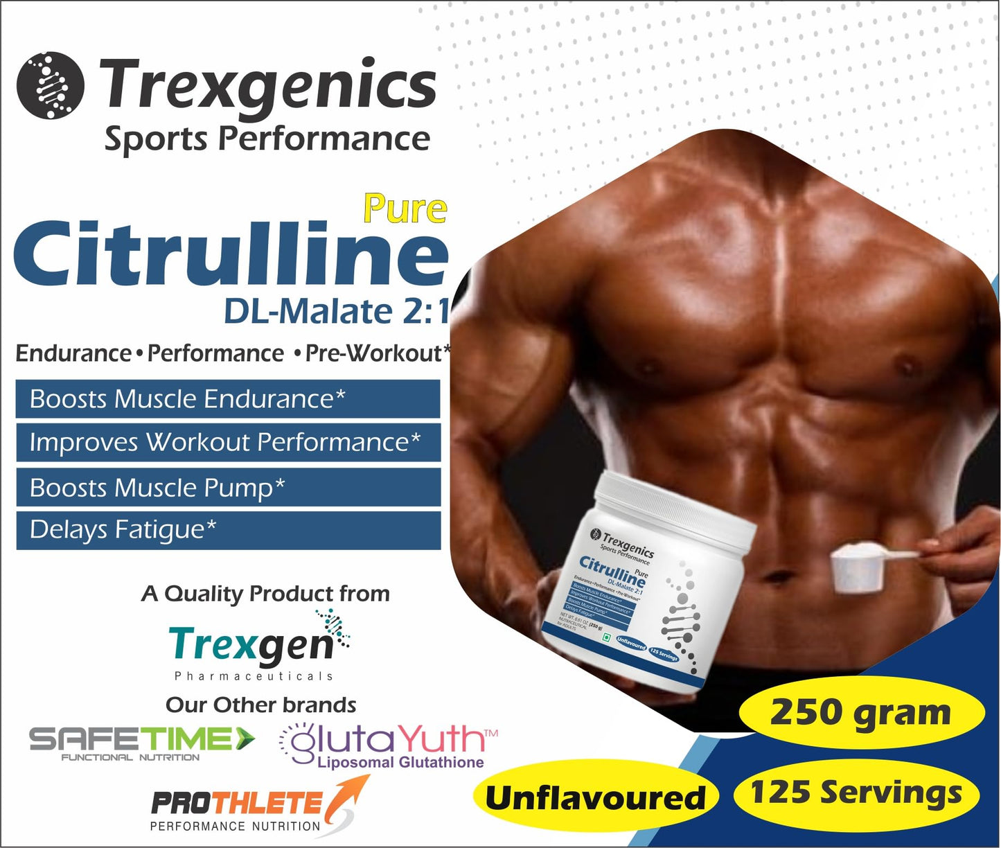Trexgenics CITRULLINE Pure Powder (125 Servings) Endurance, Muscle Pump, Fatigue Control (250 gm) (Pack of 1)