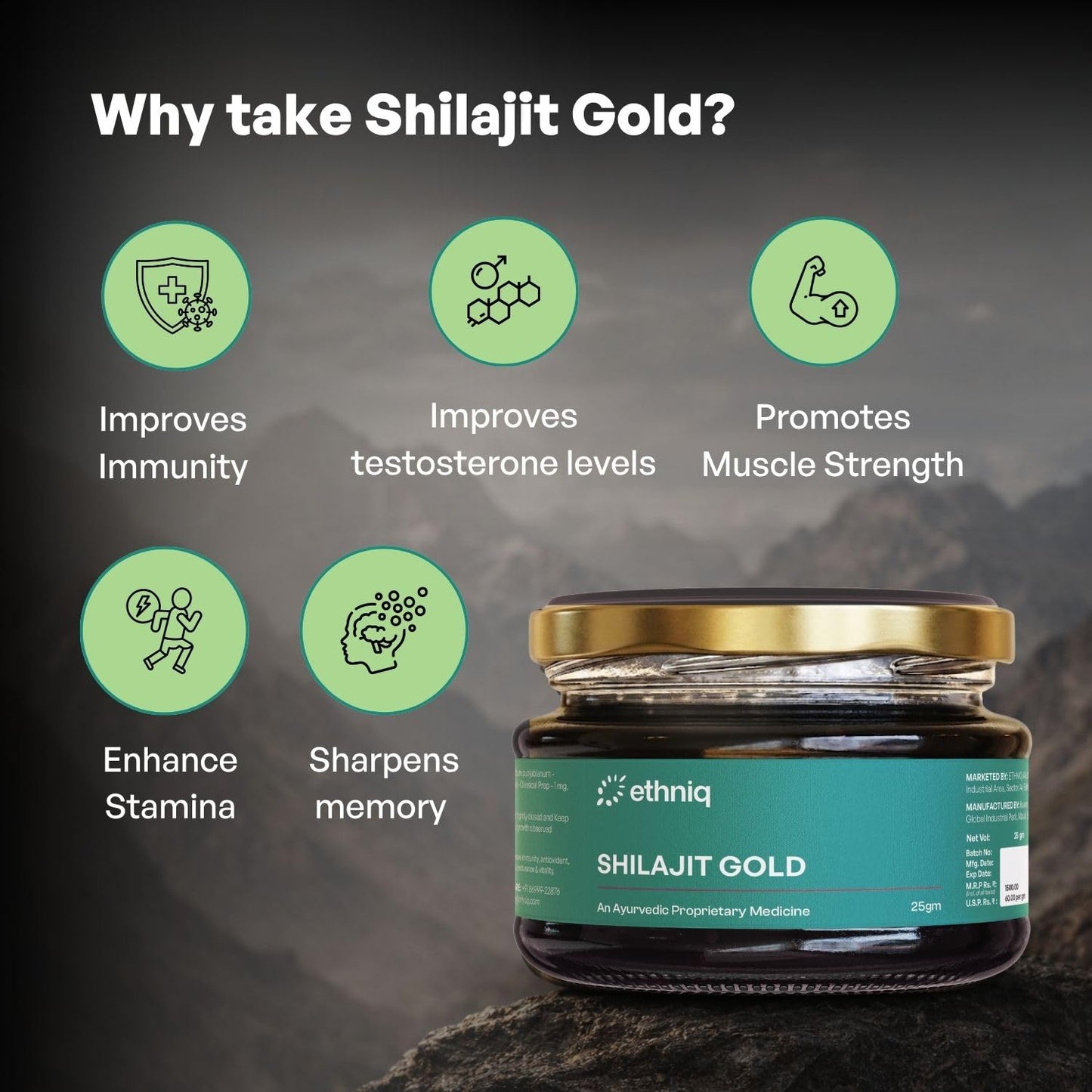 Ethniq Himalayan Shilajit Gold Resin 25g with Swarna Bhasma | 250mg/Serving | 100 Servings | Supports Energy, Strength, Stamina & Vitality | Lab Tested | AYUSH Approved | 75%+ Fulvic Acid & 80+ Minerals