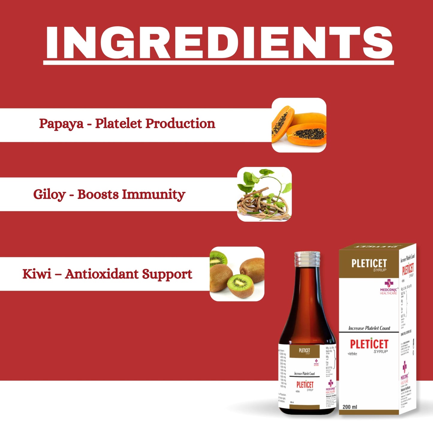 Medconic Healthcare Pleticet Syrup | Ayurvedic Digestive & Liver Support with Papaya, Mandukaparni, Aloe Vera & Giloy – 200 ml