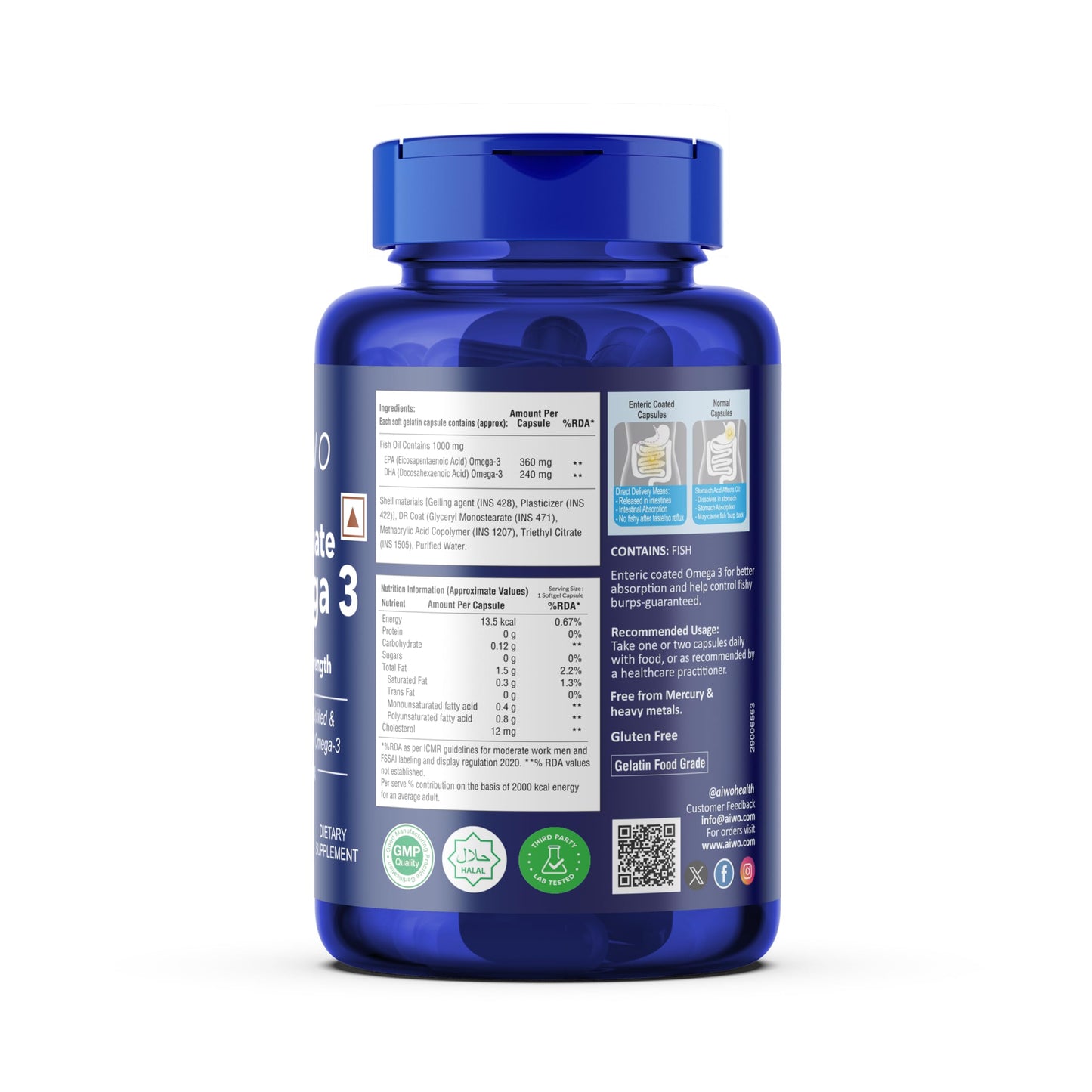AIWO Ultimate Omega 3 Fish Oil Capsules for Men & Women, Double Strength 1000 mg with 360 mg EPA & 240 mg DHA, Burp-Free Formula, Supports Heart, Brain & Joint Health