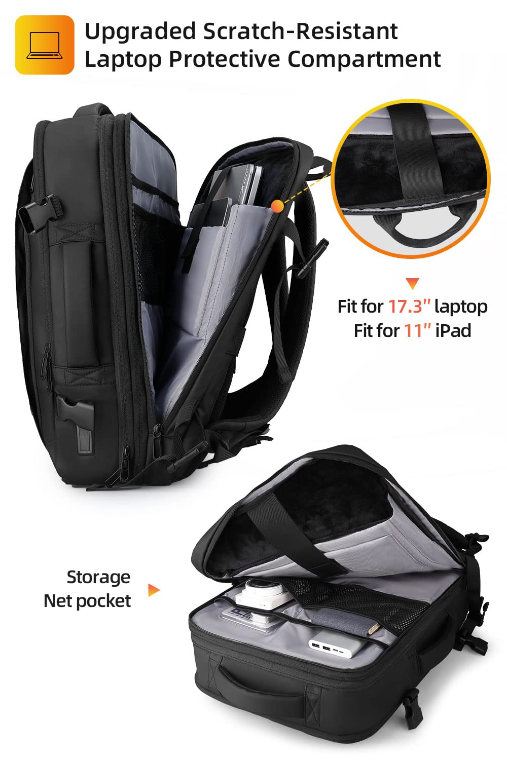 MARK RYDEN Laptop Backpack, 17.3 Inch Large Capacity Business Backpack For Men, Waterproof Expandable Carry-On Travel Backpack, Antitheft School Backpack With Usb Charger - Black