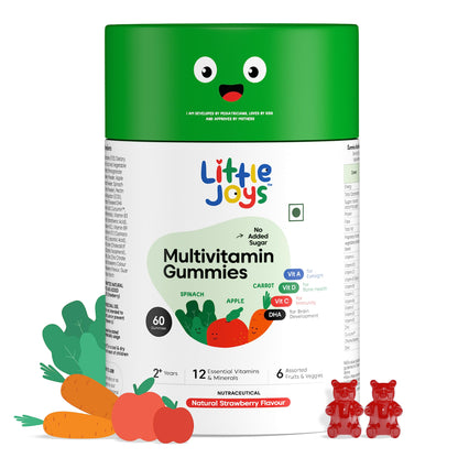 Little Joys Multivitamin Gummies | 2-6 Years | 60 Gummies | With 12 Vitamins & Minerals | Improves Immunity, Bone health & Antibody Production | No Added Sugar | Strawberry Flavour