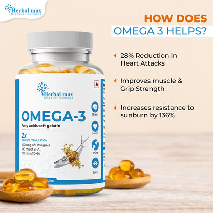 Herbal max Omega -3 Fish Oil Capsule - 60 Caps (1000mg Omega 3 with 180mg EPA & 120mg DHA)