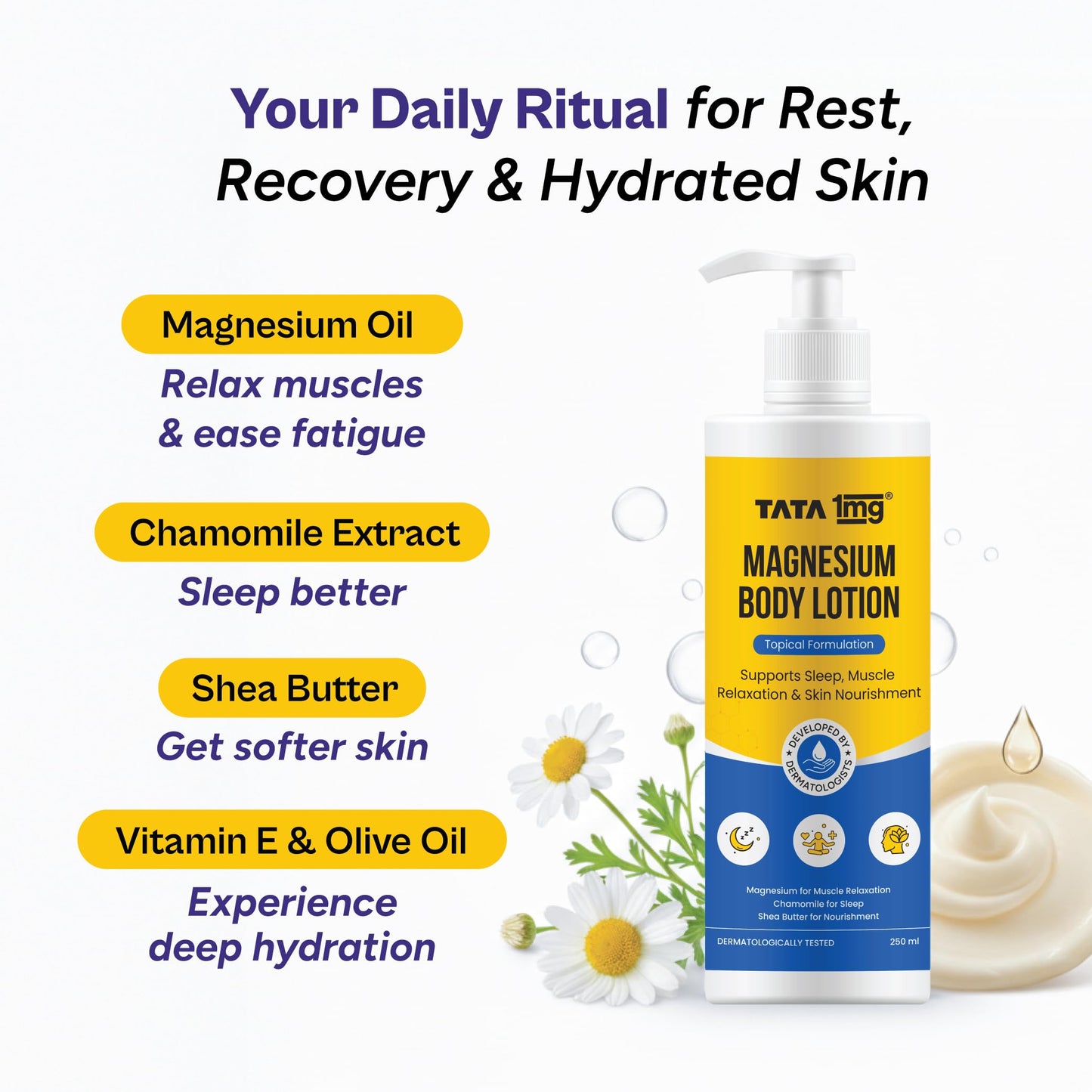 Tata 1mg Magnesium Body Lotion | Topical Body Lotion for Sleep, Muscle Relaxation & Recovery | Enriched with Chamomile, Shea Butter & Vitamin E | Dermatologically Tested | 250ml