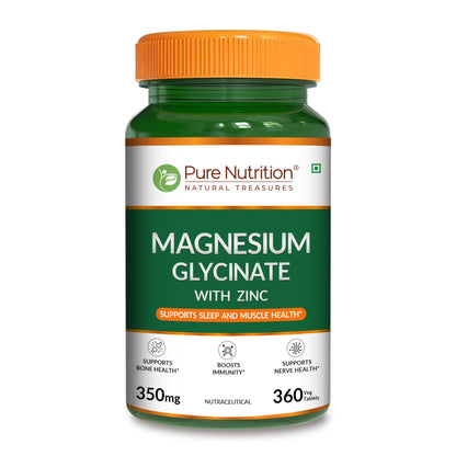 Pure Nutrition Magnesium Glycinate with Zinc Supplement 350 mg - 360 Tablets | High Absorption Magnesium Supplement for Bone, Muscle & Nerve Vitality | Supports Calm, Sleep Quality & Cramp Relief