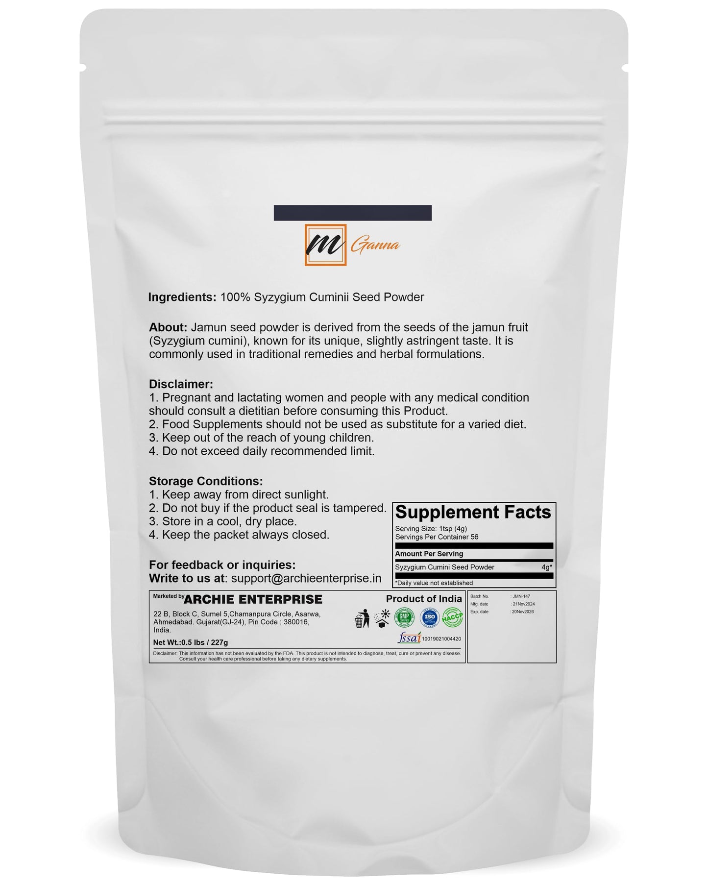 mGanna Jamun Seed Powder for Soft Radiant Skin and Health Care 227gm / 0.5lbs