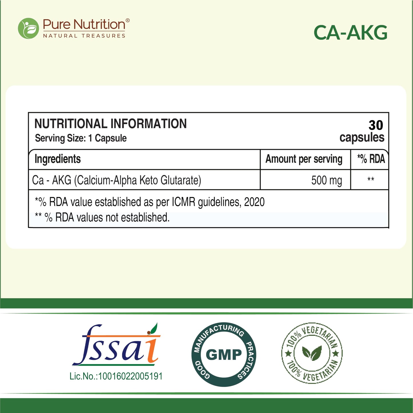 Pure Nutrition Ca-AKG - (500mg) - 30 Veg Capsules | Calcium Alpha-Ketoglutarate Supplements For Cellular Energy & Joint Health | Support Healthy Aging, Athletic Performance & Muscle Recovery