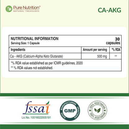 Pure Nutrition Ca-AKG - (500mg) - 30 Veg Capsules | Calcium Alpha-Ketoglutarate Supplements For Cellular Energy & Joint Health | Support Healthy Aging, Athletic Performance & Muscle Recovery