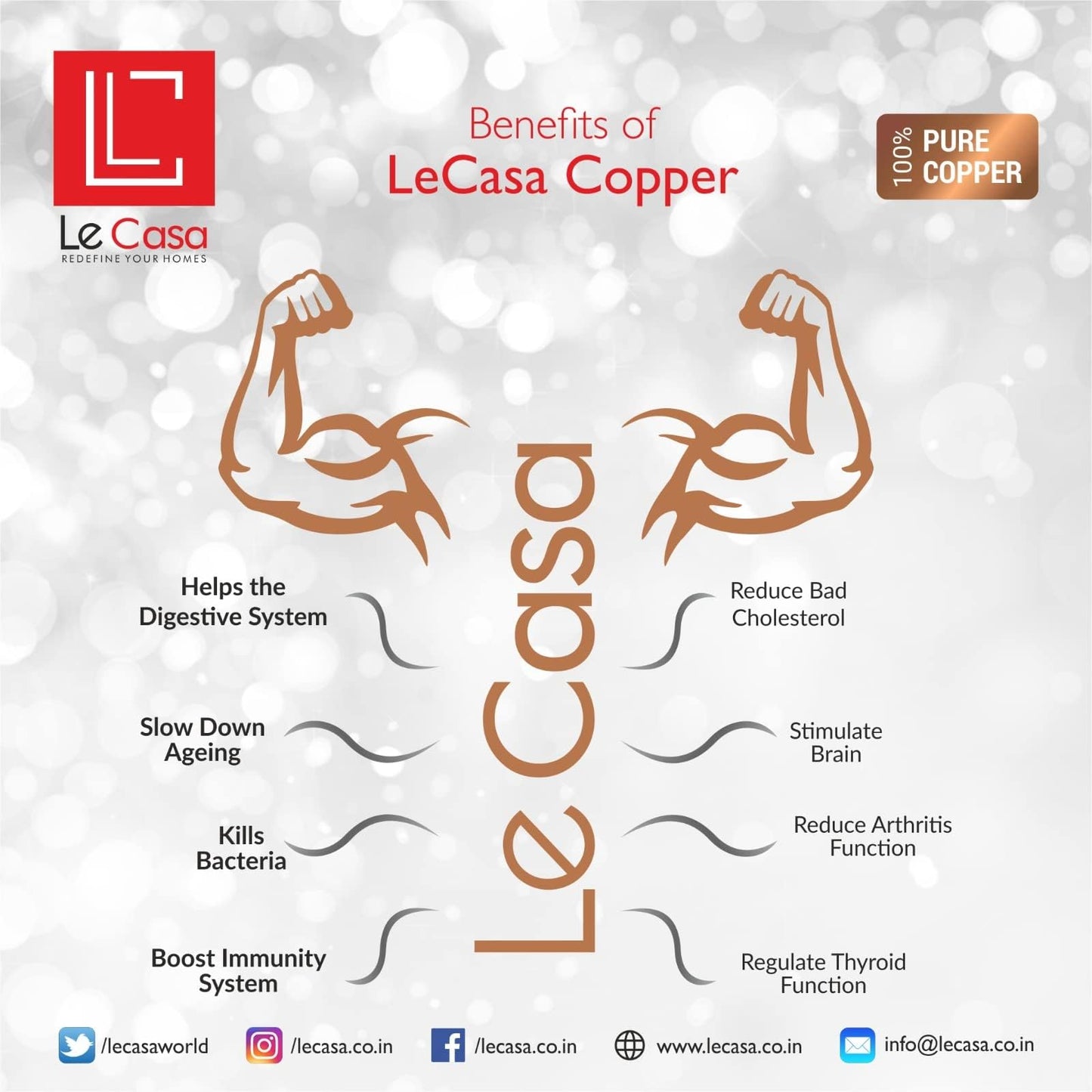 LeCasa - Duro Sports Copper Water Bottle | Black | Capacity - 900ML | 100% Pure Copper With ISO Certifiction |