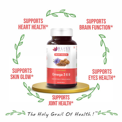 Bliss Welness Organic Omega 3 6 9 2000mg | Omega3 ALA 1000mg Omega 6 LA 274mg Omega 9 OA 400mg Essential Fatty Acid | Heart Cholesterol Brain Eye Immunity Health Supplement - 60 Softgel Capsules