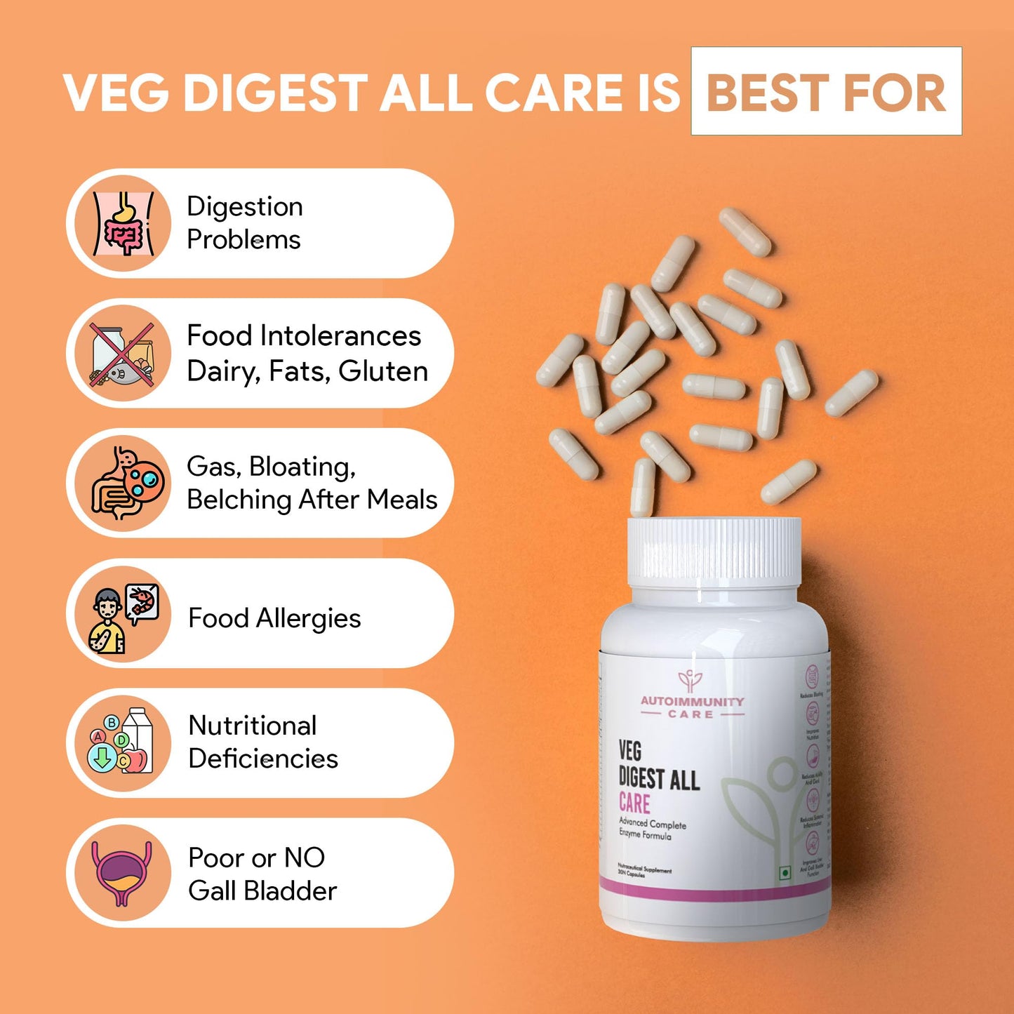 Autoimmunity Care Veg Digest All Care – Complete Digestive Enzymes Supplement with Betaine HCl | Supports Faster Digestion, Acidity, Bloating & Gas Relief | Digestive Enzyme Tablets | 30 Caps (30 dose)