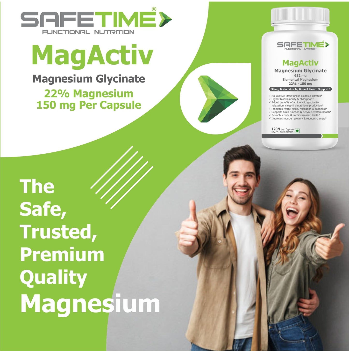 SAFETIME MagActiv MAGNESIUM GLYCINATE (Elemental Magnesium 150 mg per Capsule) Chelated, Bioavailable & Safe Sleep, Bone, Muscle, Heart Health (120x3 Pack= 360 Veg. Capsules)