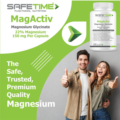 SAFETIME MagActiv MAGNESIUM GLYCINATE (Elemental Magnesium 150 mg per Capsule) Chelated, Bioavailable & Safe Sleep, Bone, Muscle, Heart Health (120x3 Pack= 360 Veg. Capsules)