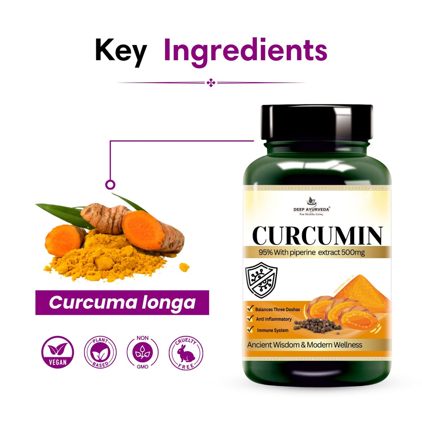Curcumin 60 Vegan Capsules | Turmeric (Curcuma longa) Extract Supplement | Antioxidant & Joint Support | 100% Plant-Based (Pack of 2)