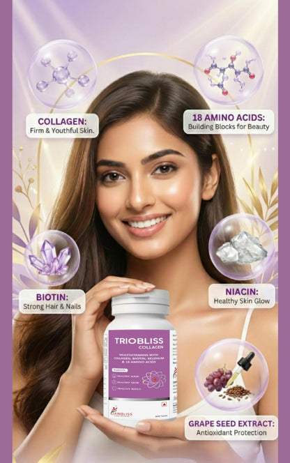 Triobliss Collagen Tablets for Skin, Hair & Nails | Multivitamins with Collagen, Biotin, 18 Amino Acids, Selenium & Zinc | For Women & Men | 30 Tablets