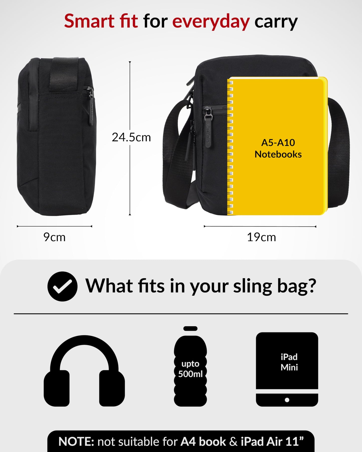 Destinio Padded Sling Bag for Men & Women | Lightweight Side Shoulder Bag | Crossbody Carry for Travel & Daily Use | Mobile Passport Cash Storage | Water Resistant Zipper | Anti Theft Lock (Black)