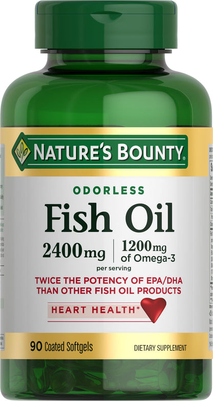 Nature's Bounty Fish Oil 2400 Mg Double Strength Odorless Softgels, Omega 3, 90-Count