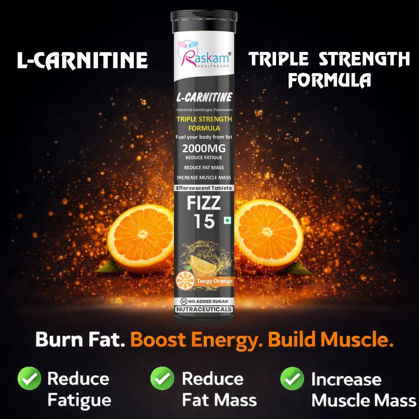 Raskam L-Carnitine effervescent tablets Helps Convert Fat Into Energy, Supports Weight Loss, Fat Burn & Lean Muscle|Orange Flavour (Pack of 1)