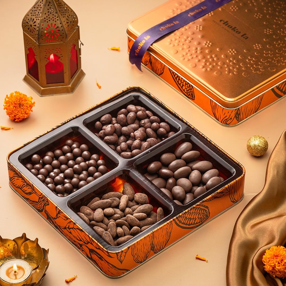 Chokola Cosmos Premium Chocolate Hamper 400g – Dark Chocolate Coated Almonds & Assorted Nuts Dragees | Chocolate Dryfruits Gift Box | Festive Chocolate Gift Box