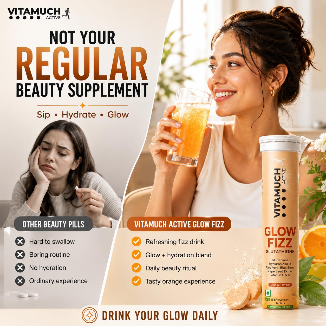 Vitamuch Glow Fizz | Glutathione Effervescent Tablets for Skin Brightening & Anti-Aging | With Hyaluronic Acid & Vitamin C | Drop, Fizz & Drink Formula | (15 Days(Pack of 1), Orange)