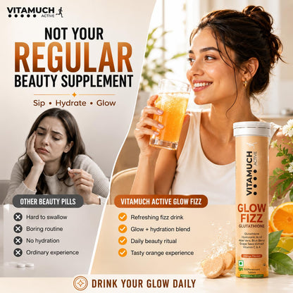 Vitamuch Glow Fizz | Glutathione Effervescent Tablets for Skin Brightening & Anti-Aging | With Hyaluronic Acid & Vitamin C | Drop, Fizz & Drink Formula | (15 Days(Pack of 1), Orange)