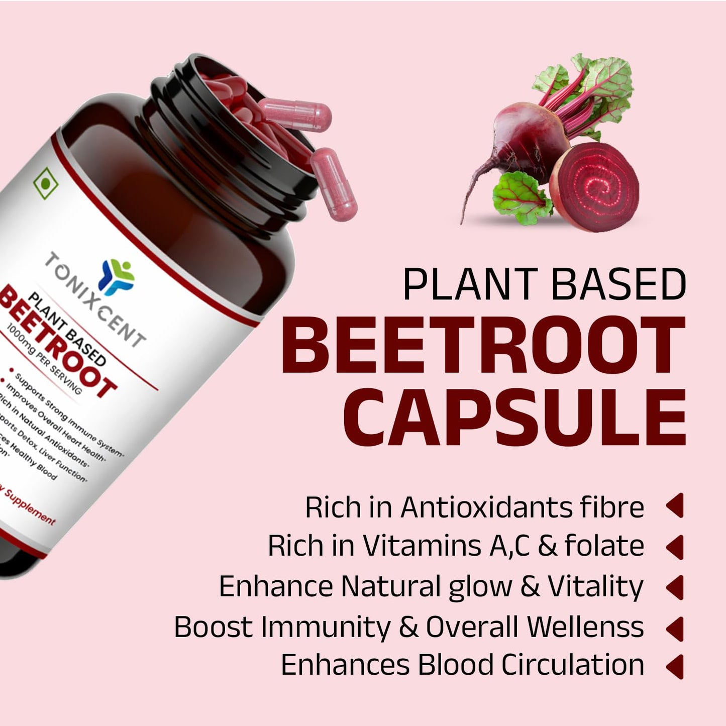 TONIXCENT Plant-Based Beetroot Capsules | 1000mg per Serving | Boosts Stamina & Heart Health | Rich in Antioxidants & Nitrates | Vegan, Non-GMO, Preservative-Free | 60 Capsules