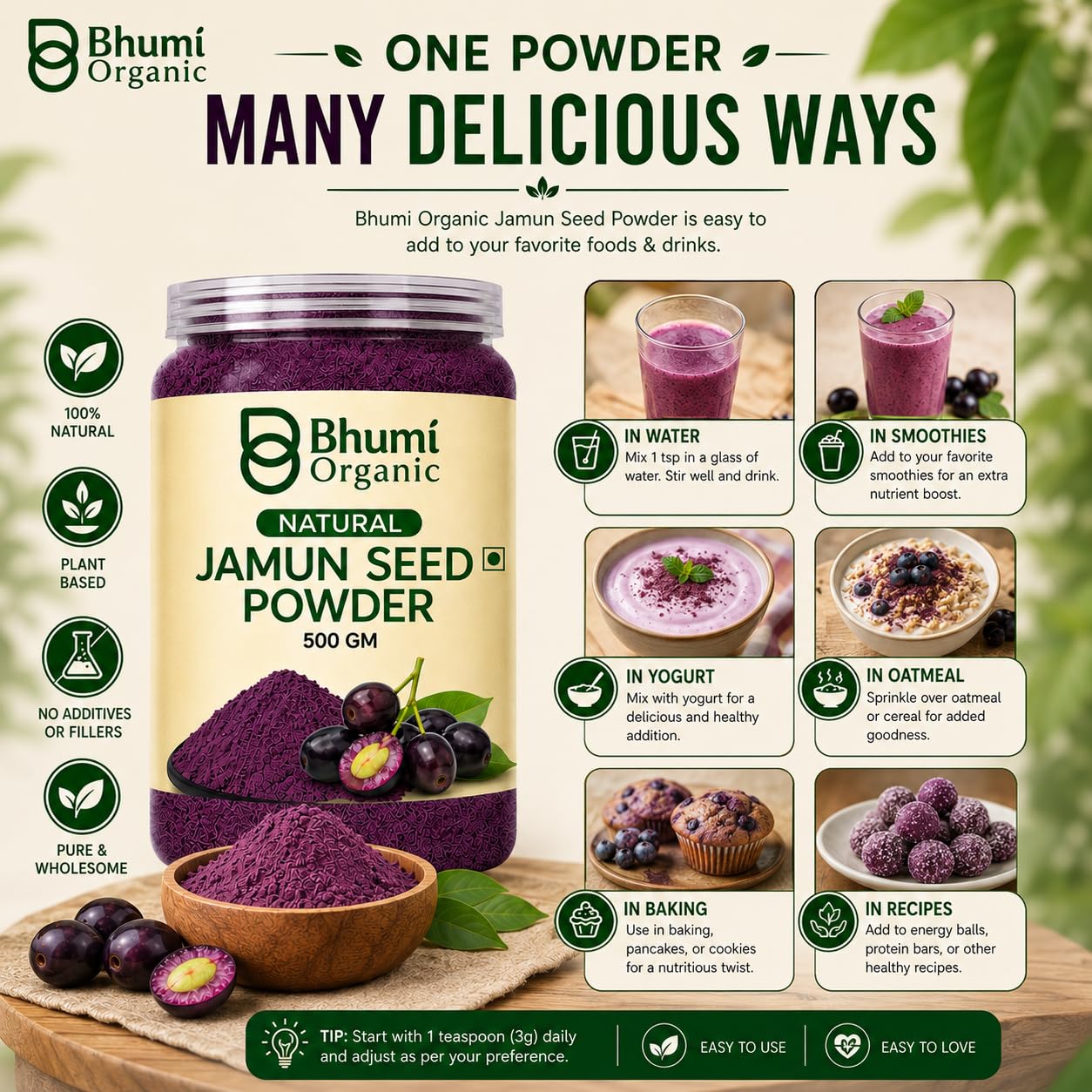 Bhumi Organic Ayurveda Jamun Seed Powder for Diabetes - 500 Grams - Pure Natural Herbal Supplement