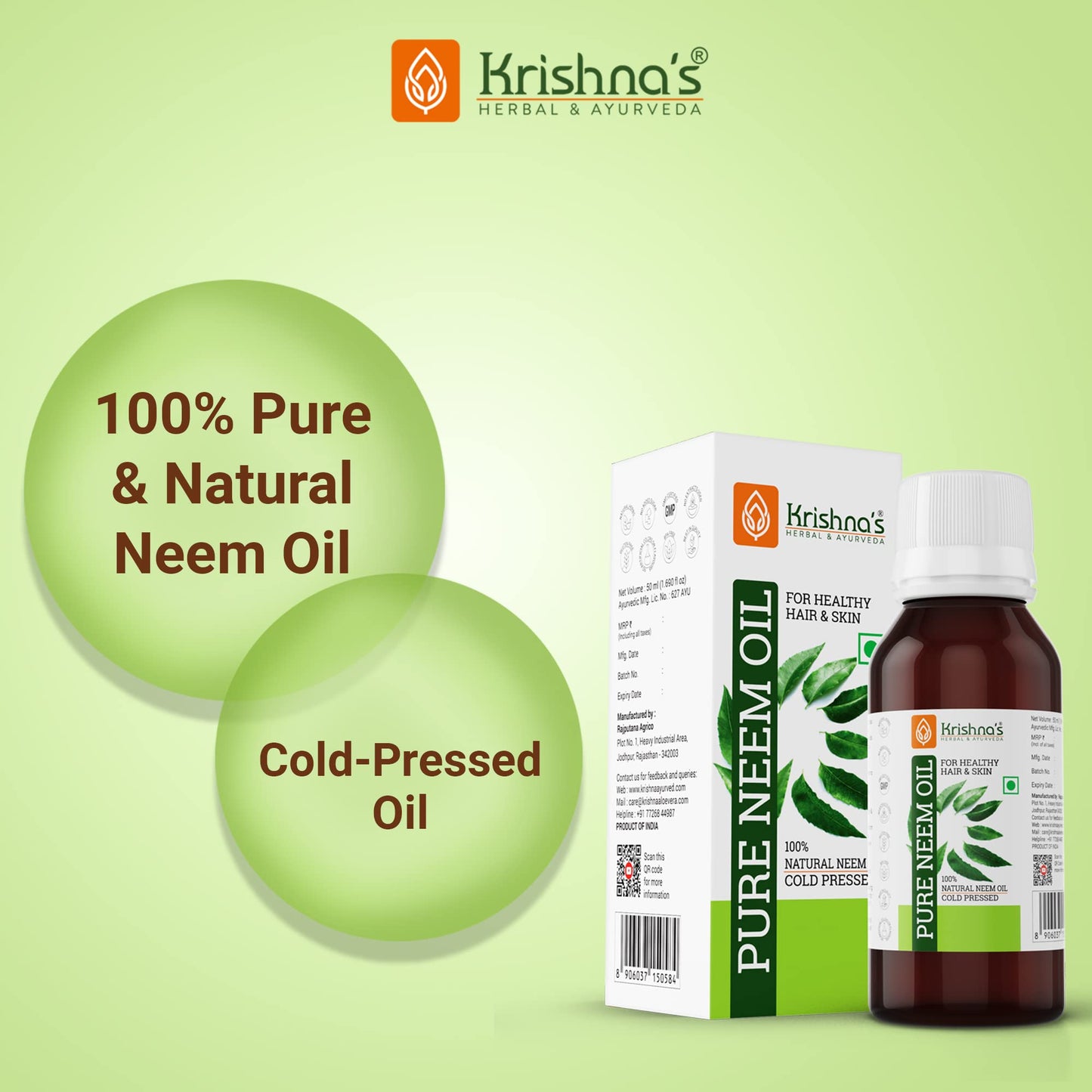 Krishna's Pure Neem Oil - 50 ml (Pack of 3) | Natural & Cold Pressed Neem Oil | For Healthy Skin & Hair