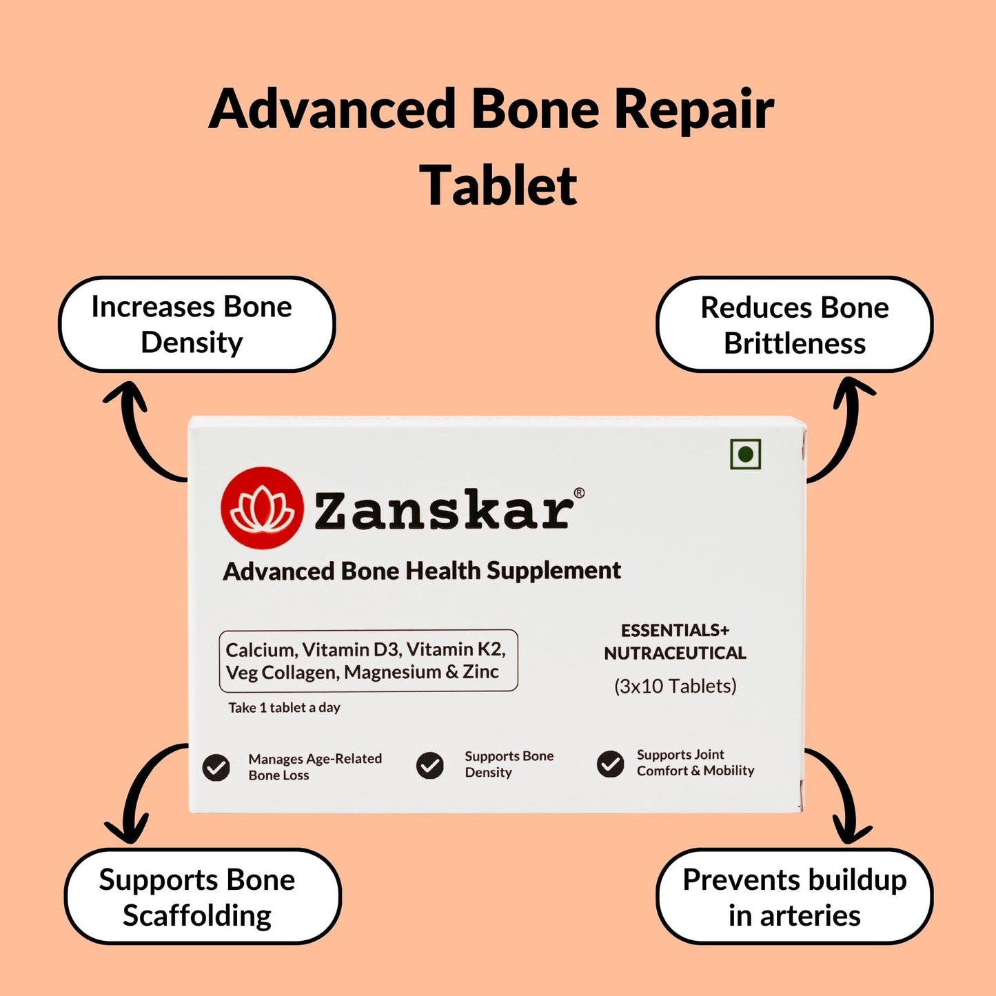 Zanskar Advanced Bone Health Tablet (60 Tablets) | Calcium, Vitamin D3, Vitamin K2, Collagen, Magnesium & Zinc (1200mg) | 100% Veg | Bone Health and Joint Support