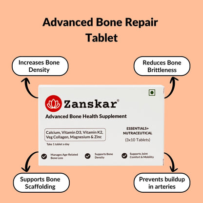 Zanskar Advanced Bone Health Tablet (60 Tablets) | Calcium, Vitamin D3, Vitamin K2, Collagen, Magnesium & Zinc (1200mg) | 100% Veg | Bone Health and Joint Support