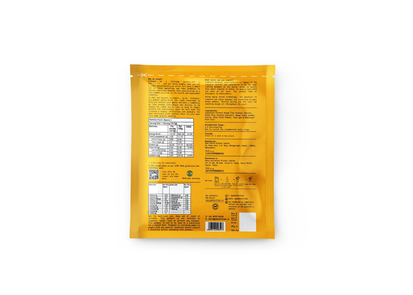 POD NUTRITION Plant Protein Isolate | Hapus Mango - (Pack of 6) | 26g Protein/Sachet | Vegan, No Added Sugar, Dairy Free | 100% Authentic & No Adulteration | Clean, Light & Easy to Digest | Travel Pack