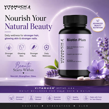 Vitamuch Biotin Plus Tablets with Zinc Iron Vitamins A C D3 E B12 Folic Acid | Hair Skin Nails Support Supplement | 60 Tablets