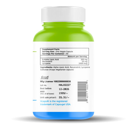 Haleup Alpha Lipoic Acid, 300 mg II Enriched with Lycopene & Resveratrol (60 capsules) || Healthy Liver || Heart || Blood Sugar & Potent Antioxidant