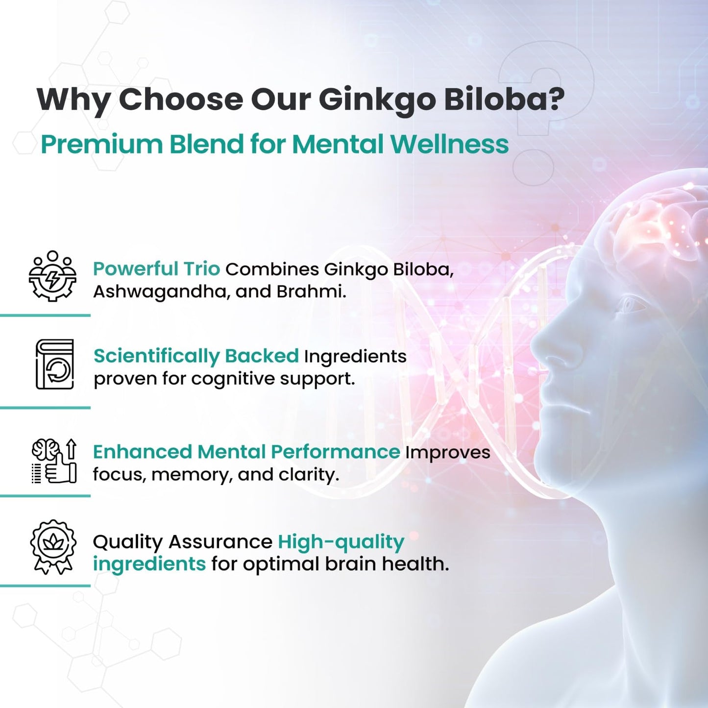 Premium Ginkgo Biloba Capsules with Brahmi & Ashwagandha – Brain, Memory & Focus Support Supplement - 60 Ayurvedic Tablets