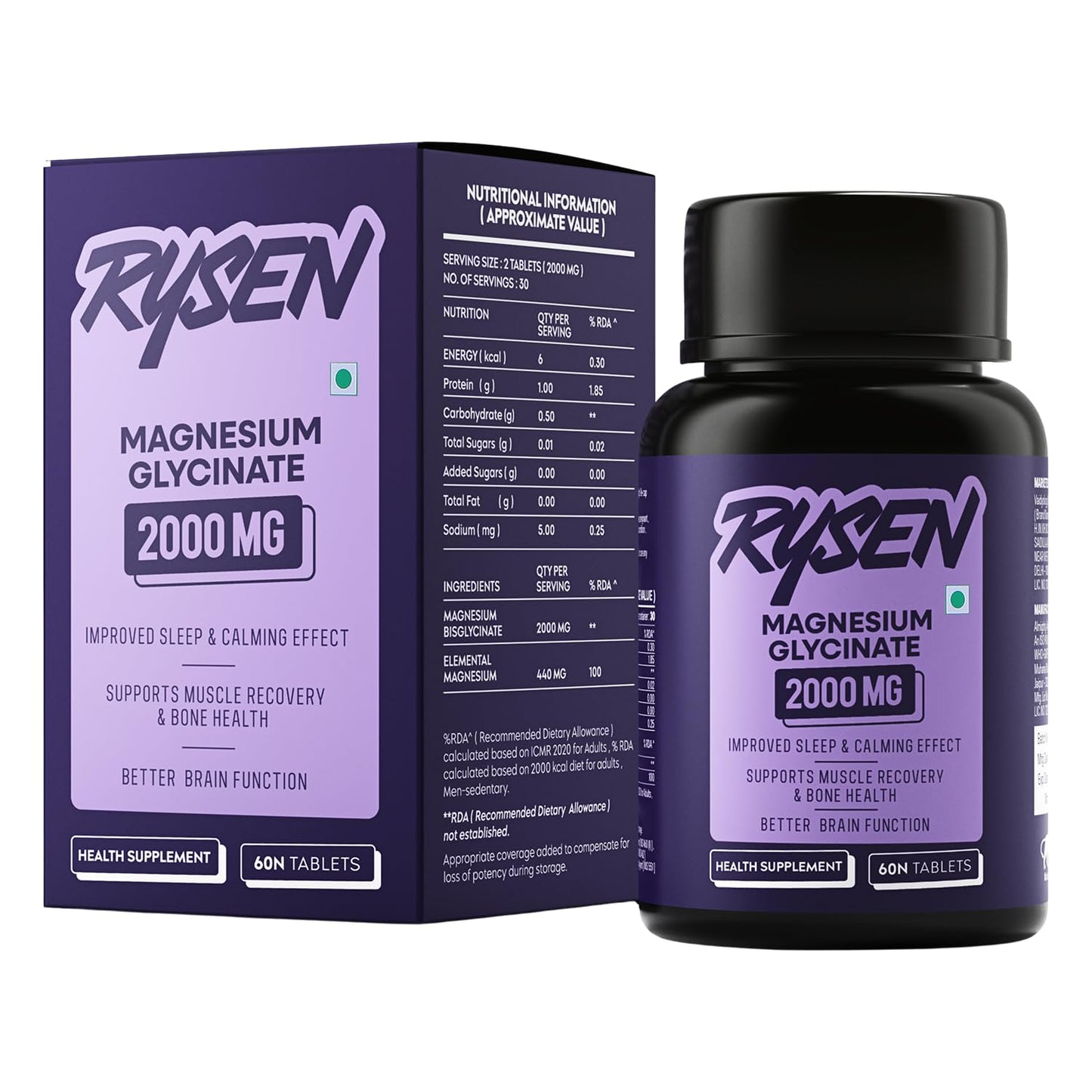 RYSEN Magnesium Glycinate 2000mg (60 Vegan Tablets) | 440mg Elemental Magnesium | High Absorption Chelated Supplement for Sleep, Stress Relief, Muscle Recovery & Calm Mind | Lab Tested For Men & Women