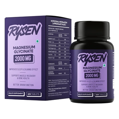 RYSEN Magnesium Glycinate 2000mg (60 Vegan Tablets) | 440mg Elemental Magnesium | High Absorption Chelated Supplement for Sleep, Stress Relief, Muscle Recovery & Calm Mind | Lab Tested For Men & Women