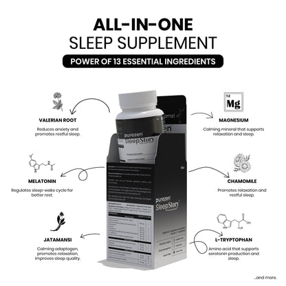 Purezen SleepStory | Plant-Based Sleep Support Supplement with Chamomile, Valerian, L-Theanine, Jatamansi, Glycine & Magnesium for Relaxation & Restful Sleep | 60 Veg Capsules
