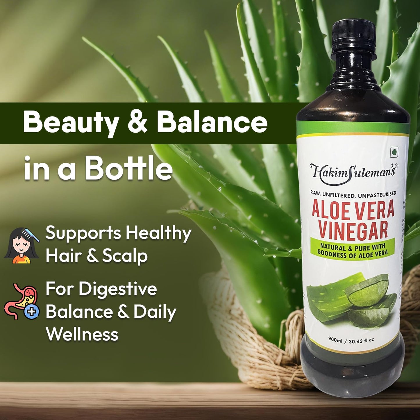 Hakim Suleman's Aloe Vera Vinegar – Organic, Natural Detox & Digestive Support, 100% Pure, Healthy Skin & Hair Care Supplement - 900 ml