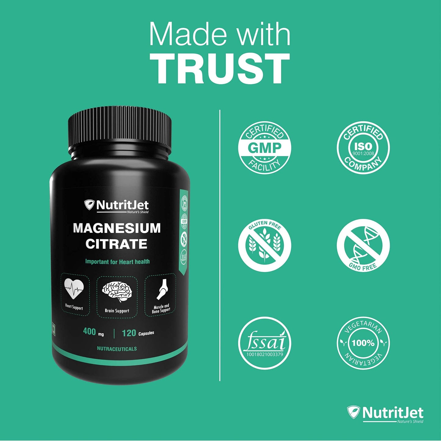 NutritJet Magnesium Citrate Powder Capsules 400mg – [120 Caps] Pure Non-GMO Supplements – Natural Sleep Calm Relax