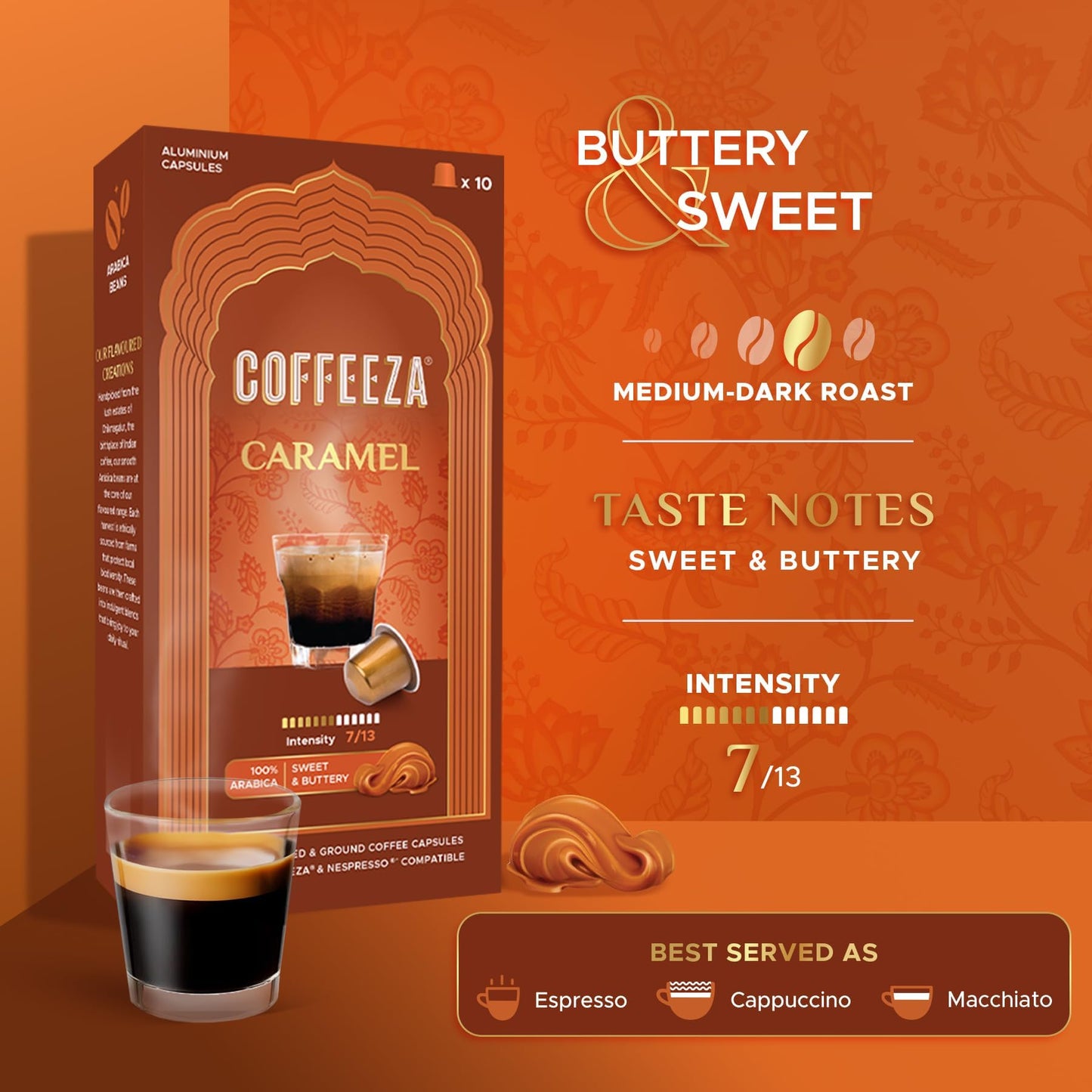 Coffeeza Caramel Flavoured Coffee Capsules, Intensity -7 | Aluminium Coffee Pods | 100% Arabica | Box of 1 (10 Capsules) | Brew Cold/Hot