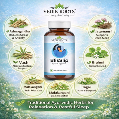 VEDIKROOTS BlisSlip Ayurvedic Sleep Support Capsules | Herbal Wellness Supplement for Relaxation & Calmness | Helps in Healthy Sleep Routine & Relaxation | 60 Veg Capsules | (Pack of 1)