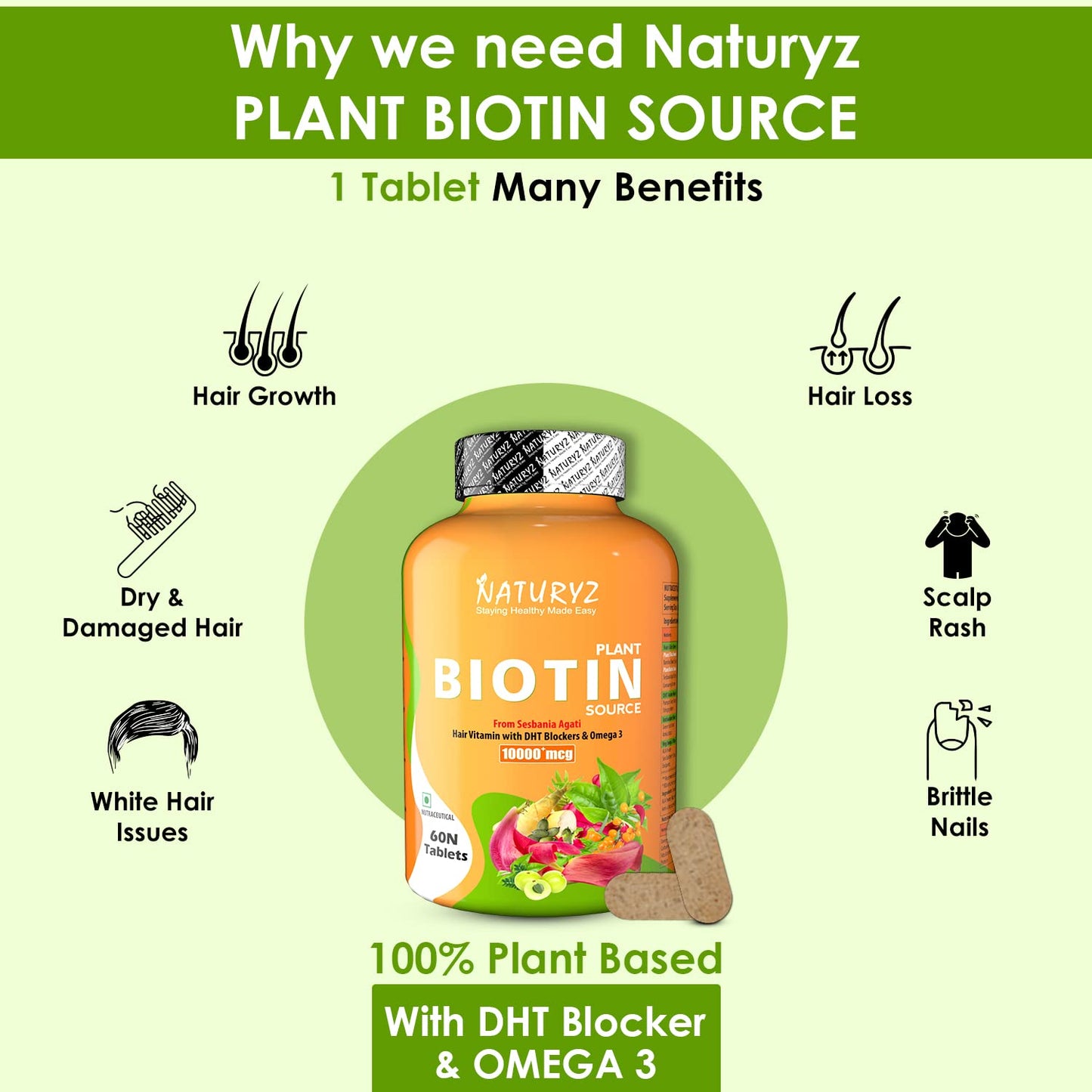 NATURYZ 100% Plant Based Biotin Tablets with High Protein Vitamin DHT Omega 3 for Strong Hairs Nails Growth Glowing Skin & Calcium Plus with Vitamin D Magnesium Zinc Supplement for Bone Health